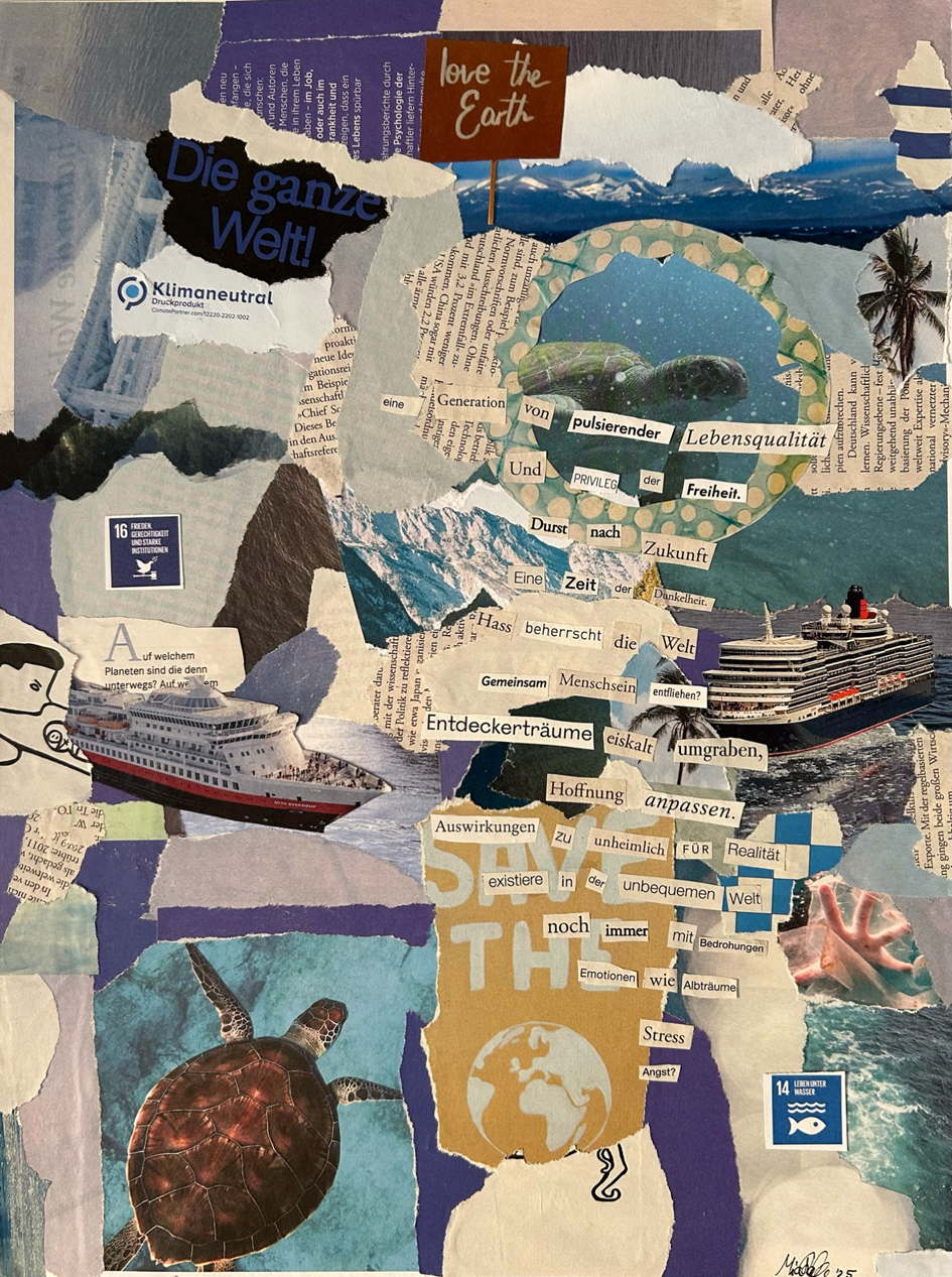 Mia Rabe, Durst nach Zukunft, Collage auf Papier, 30 x 40 cm, 2025