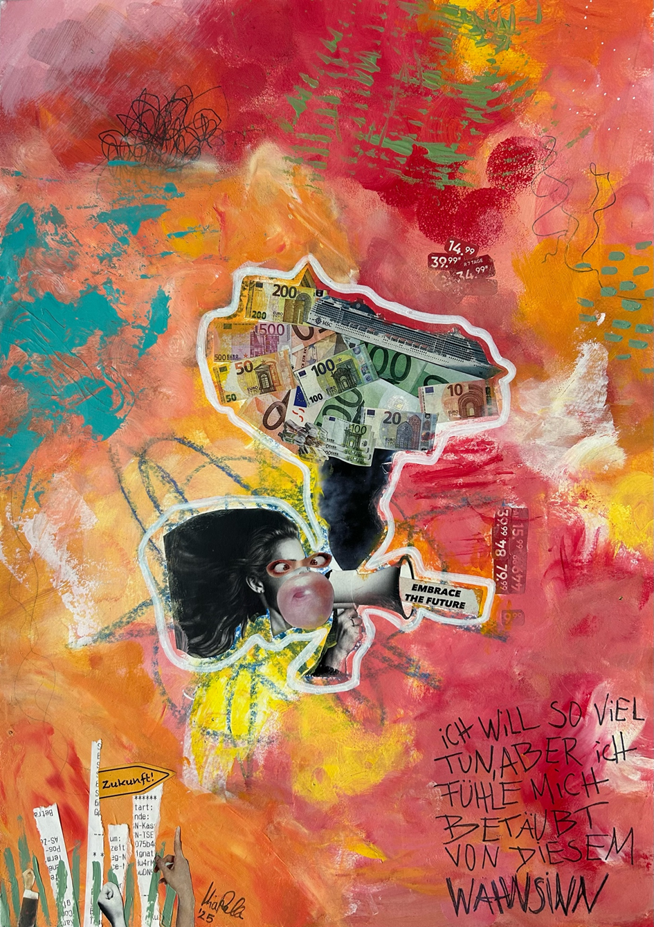 Mia Rabe, Konsumwahnsinn, Acryl und Collage auf Papier, 30 x 42 cm, 2025