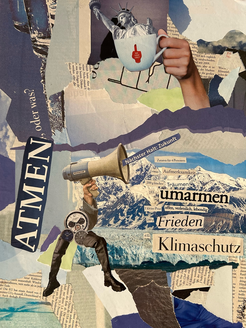 Mia Rabe, Zutaten für 4 Personen, Collage auf Papier, 30 x 40 cm, 2025